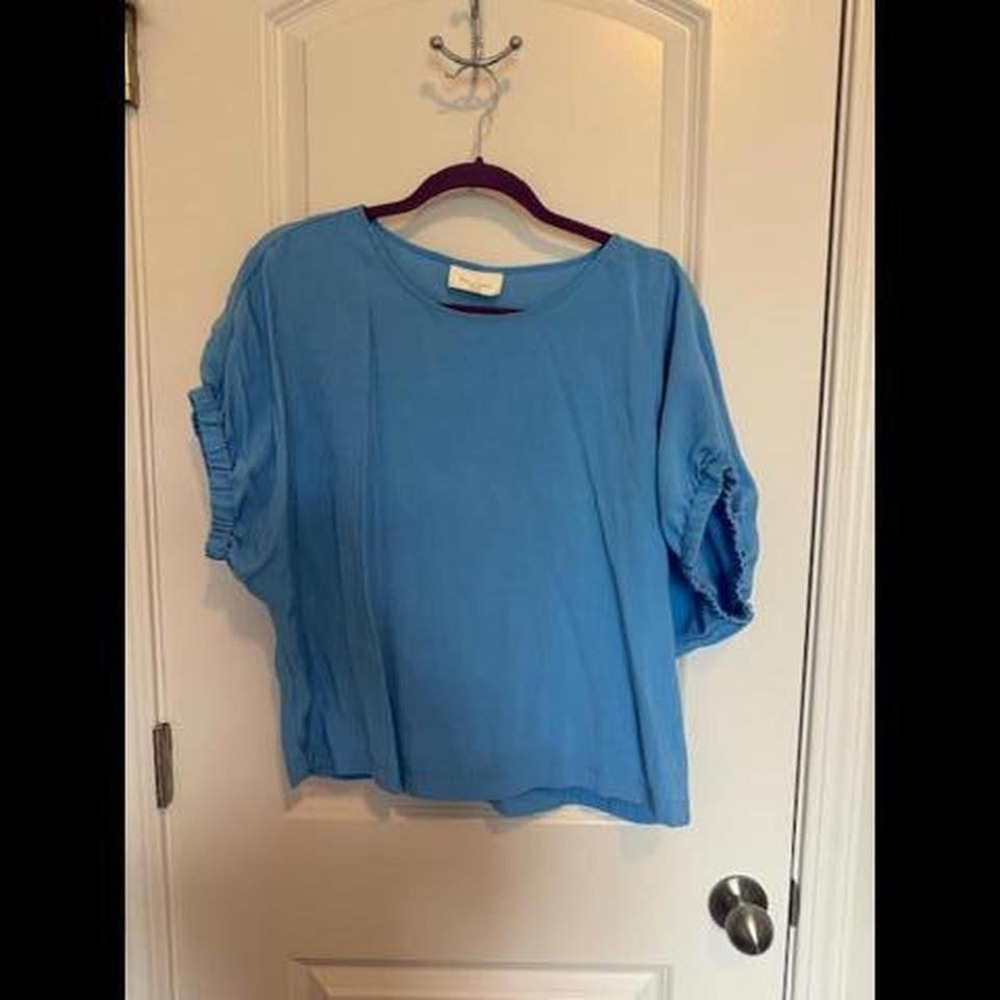 Melloday Women Blue Short Sleeve Ruffle Detail Crew Neck Blouse Top